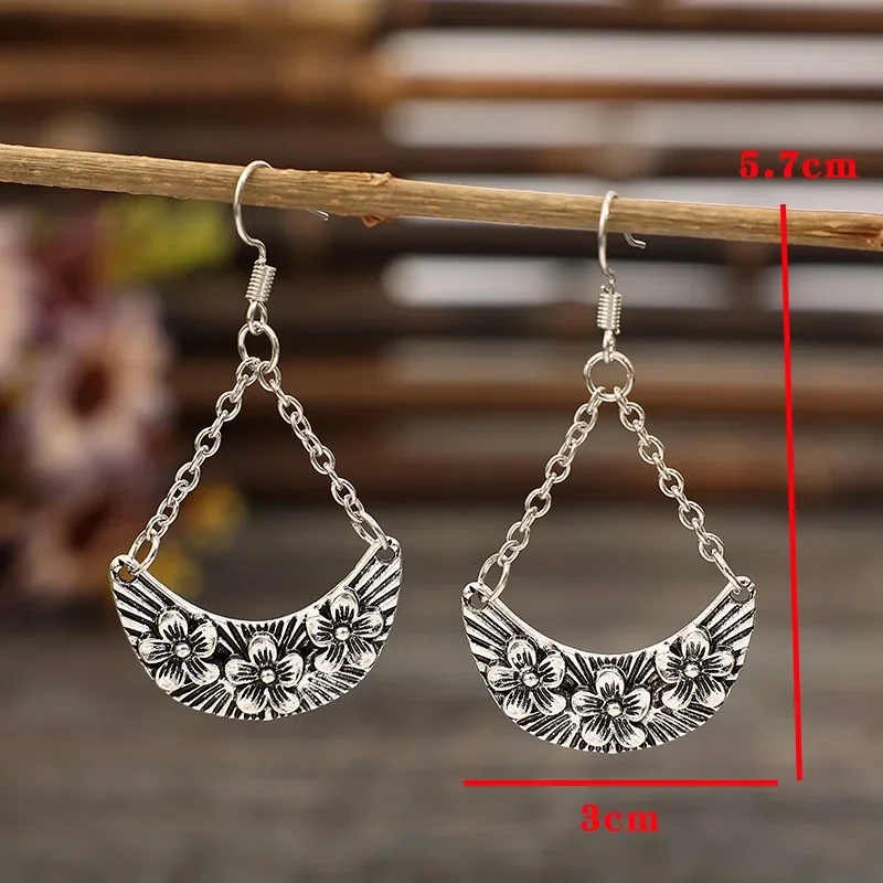 Ethnic Style Silver Color Round Geometry Grave Earrings Drop Earrings for Women Engagement Jewelry