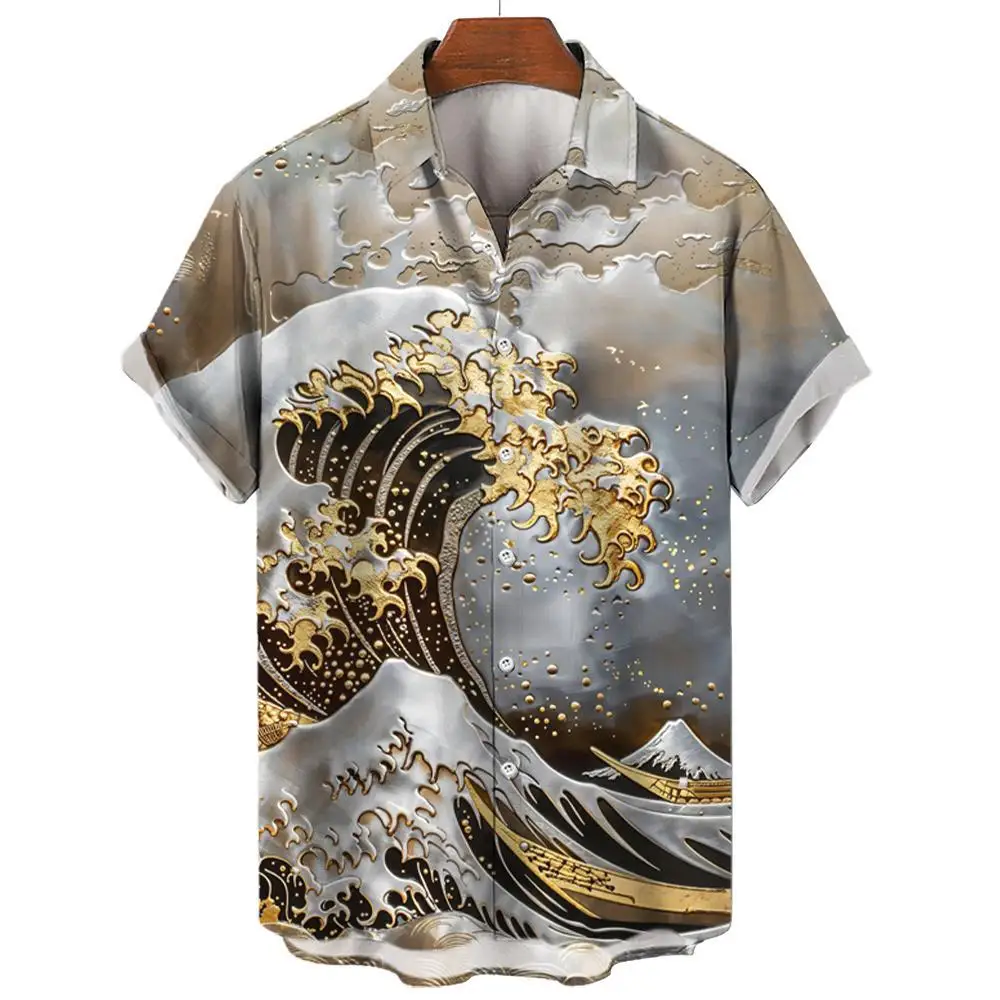 Luxe Herenoverhemd Japans Ukiyo-E Patroon Korte Mouwen Oversized T-Shirts Tops Hawaiiaans Shirt Zomer Casual Herenkleding