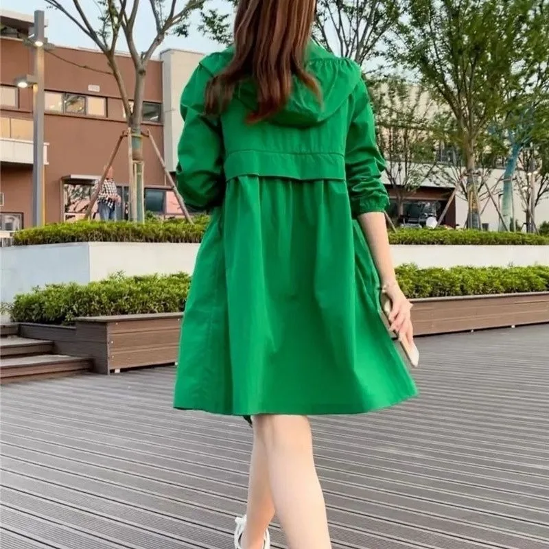 Medium Length Thin Jacket Summer Thin Jacket Waist Cinched Long Sleeve Outdoor Sun Protection Leisure Hooded