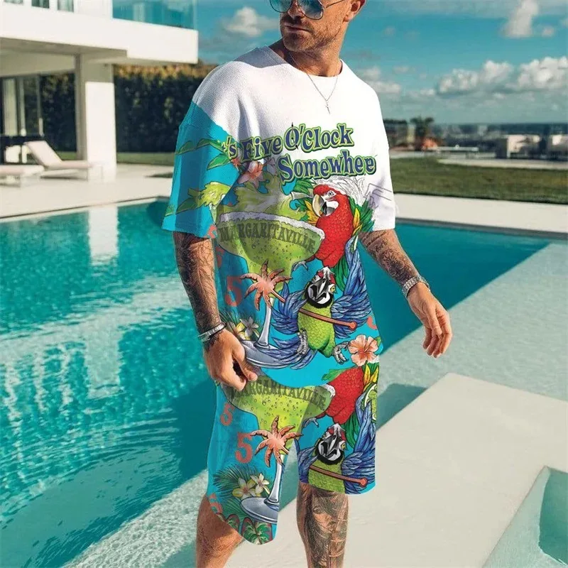 2025 Summer Beach T-shirt Shorts 2-piece Set Retro Casual Top Street Set 3D Printed Graffiti Style Hawaiian Men's Set