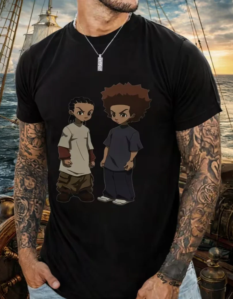 Men's Relaxed Fit T-Shirt Suitable All-Season Wear Chic Crew Neck Short Sleeve Shirt with Two Boys Casual Attire Male Apparel