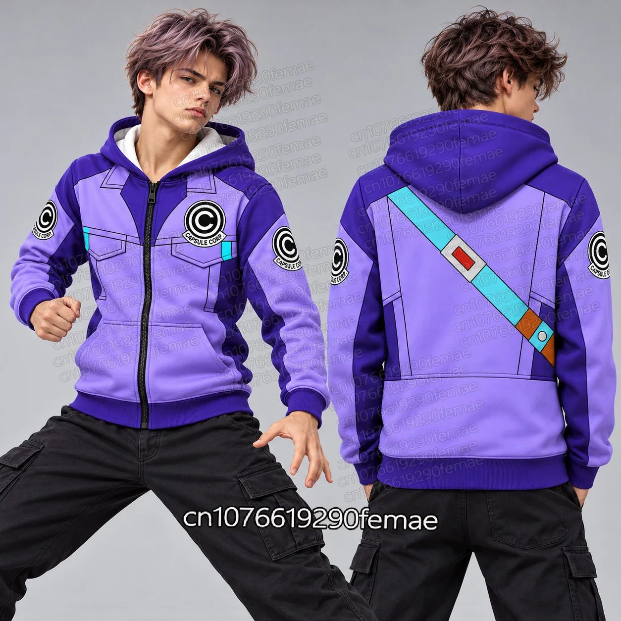Trunks Cosplay Kids Unisex Zip Up Hoodie Capsule Corp Anime Inspired Purple Jacket Sword Strap Print Hooded Sweatshirt