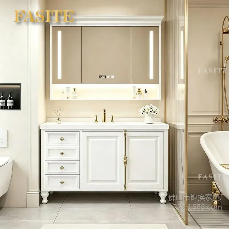 For French Retro American Style Floor to Ceiling Bathroom Cabinet with Rock Slab Seamless Integrated Basin and Toilet