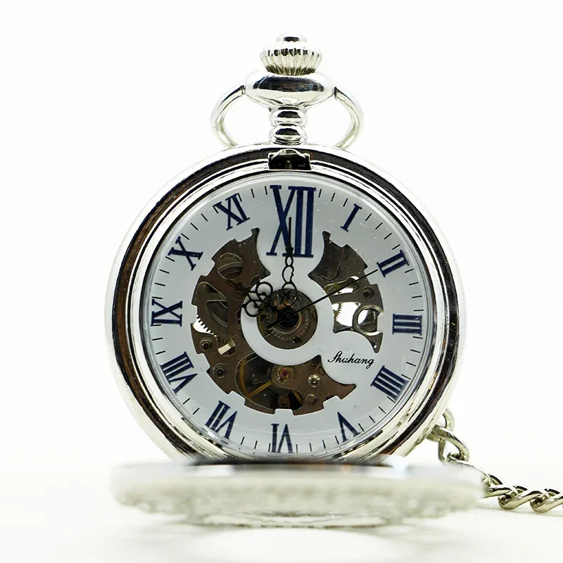 Silver Clamshell Hand Wind Mechanical Pocket Watch With Box Men Women Skeleton Gears Watch Gift
