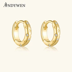 ANDYWEN 100% 925 Sterling Silver Gold 7mm Star CZ Hoops Circle Round Huggies Women Hoops Rock Punk Fine Jewelry Valentiens Gift