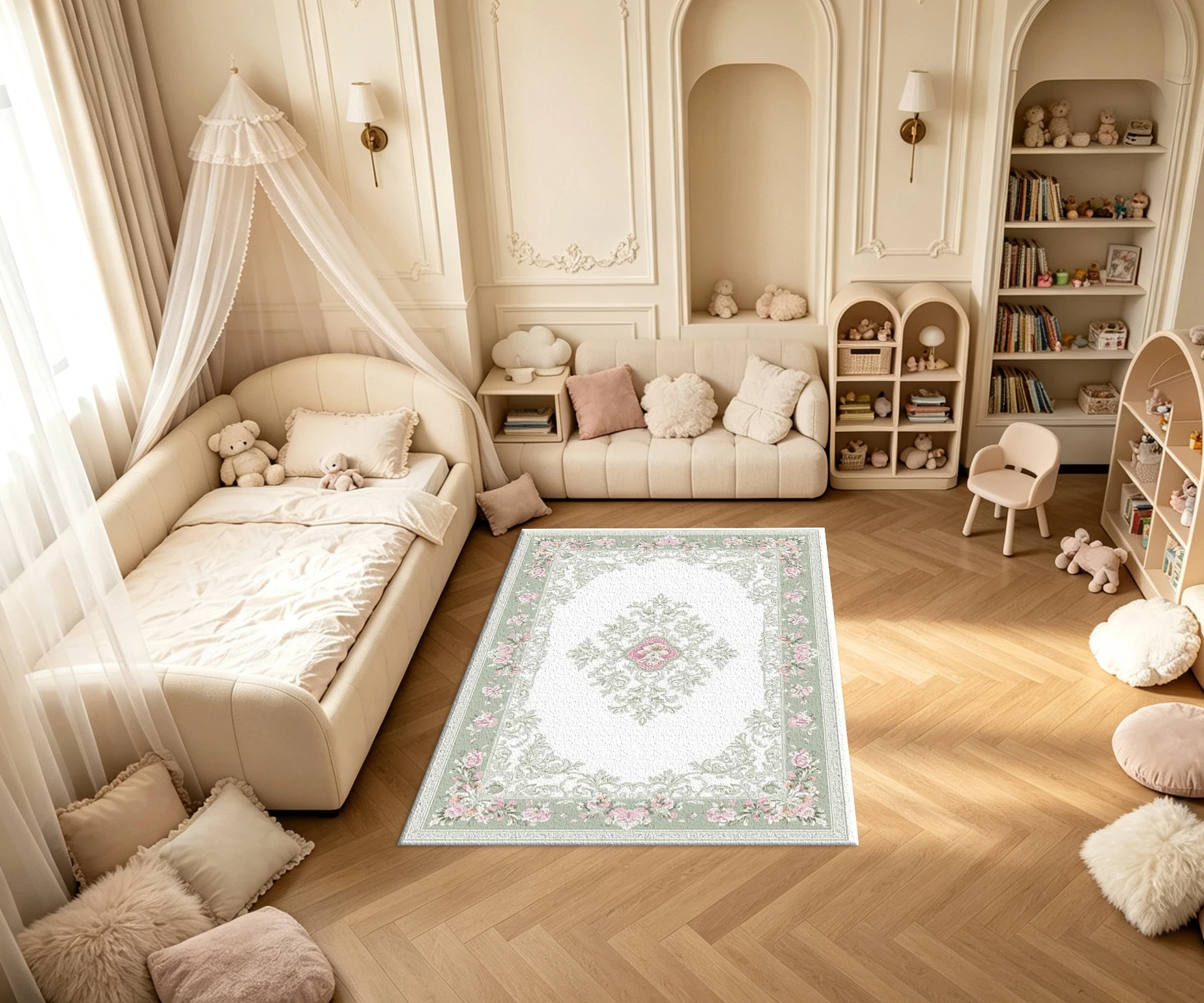 Elegant Light Green Pink Rose Floral Border Carpet Flooring Vintage Baroque Ornate Printed Square Area Rug for Bedroom Home Decoration