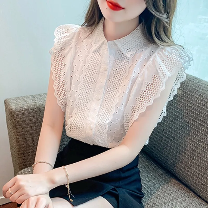 Elegant Fashion Flying Sleeve Blouses Women Korean Lace Hollow Out Blusas Mujer Summer Aesthetic Button Shirts Embroidery Tops