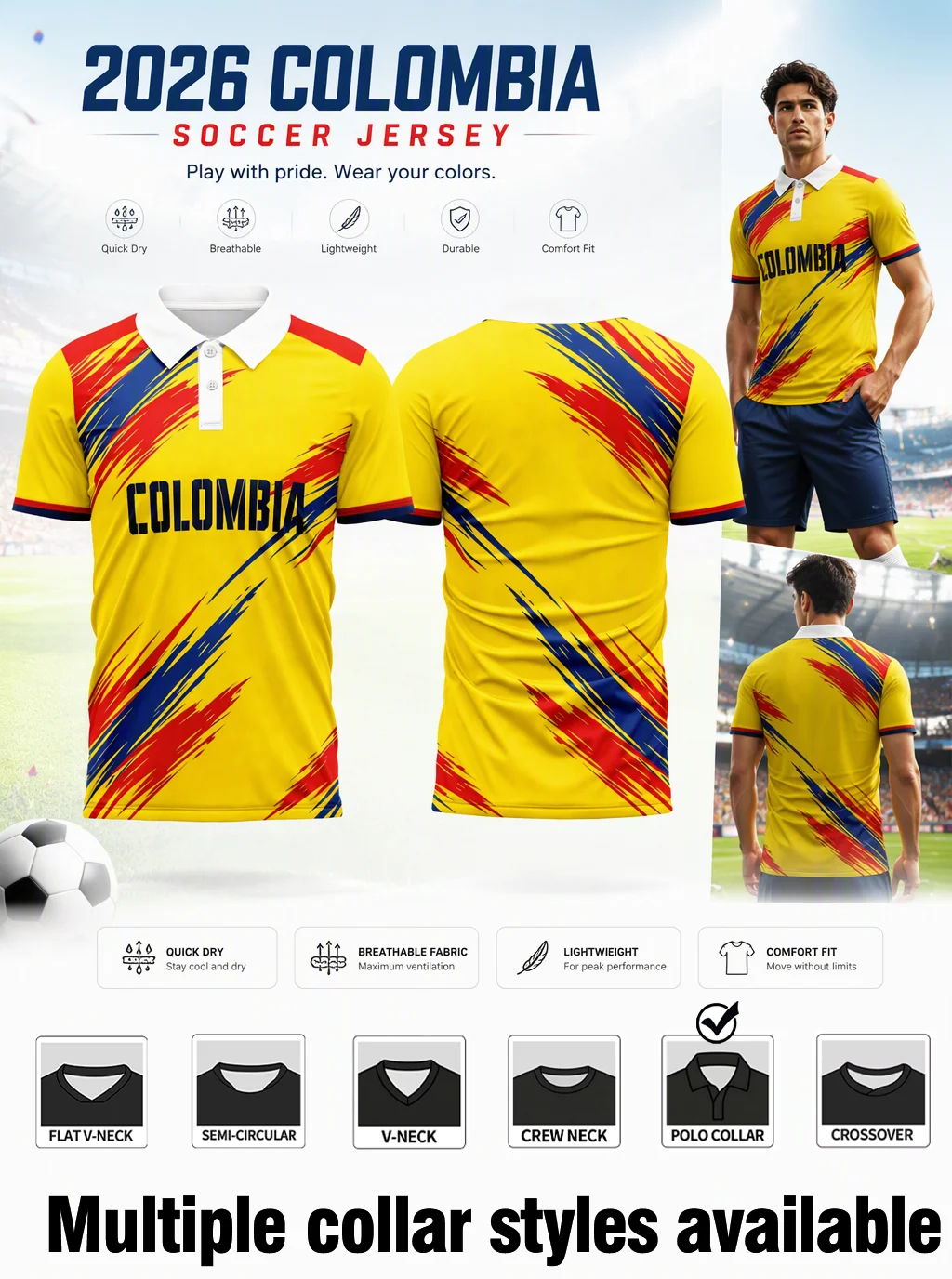 Stylish national‑theme short‑sleeve polo shirt with six optional collar styles and soft breathable material