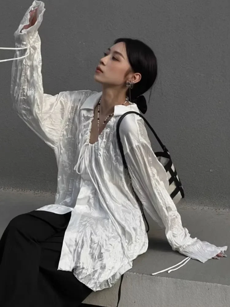 Y2k Ästhetische Vintage Damen Bluse Harajuku Einreiher ​ Grunge-Oberteile mit Kordelzug, 2025, Streetwear, plissiert, lässig, locker, Blusas