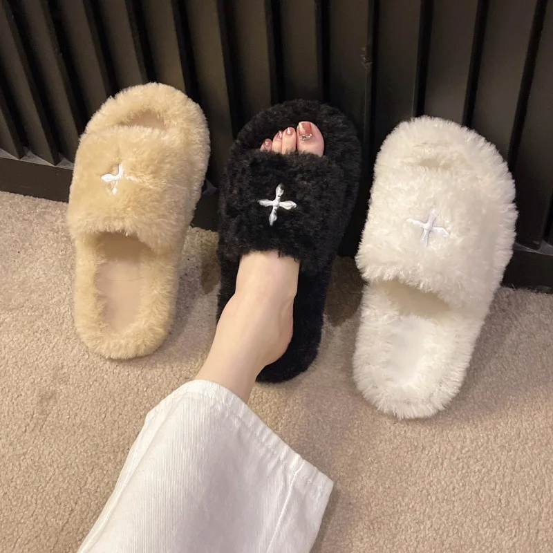 Autumn and winter ladies new plush outside wear thick bottom a word cotton drag home warm fashion slippers female