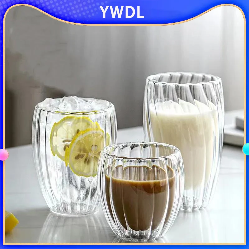 YWDL 250/350/450ml Double Walled Clear Glass Coffee Cup Thermal Insulated Glass Cappuccino Mug Set Beverage Milk Juice Teacup