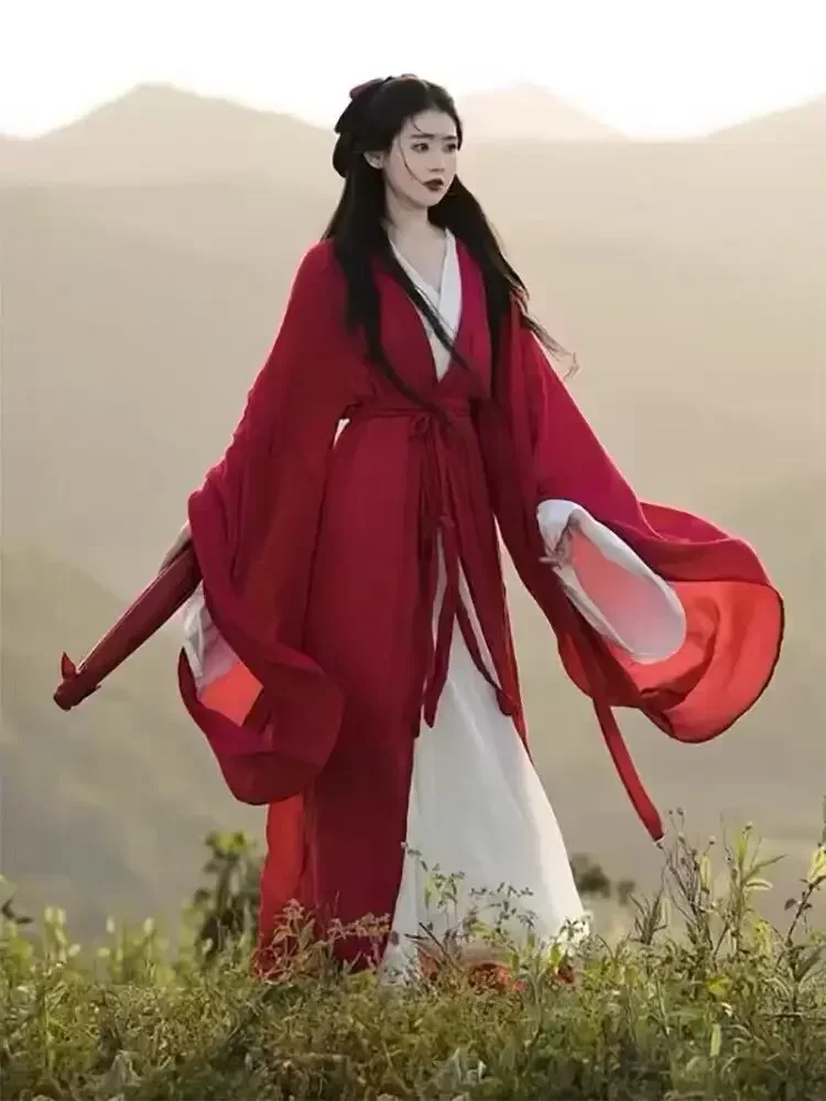 Vestido Hanfu rojo y blanco para mujer, traje chino antiguo para carnaval y Halloween, conjunto de 2 piezas de talla grande