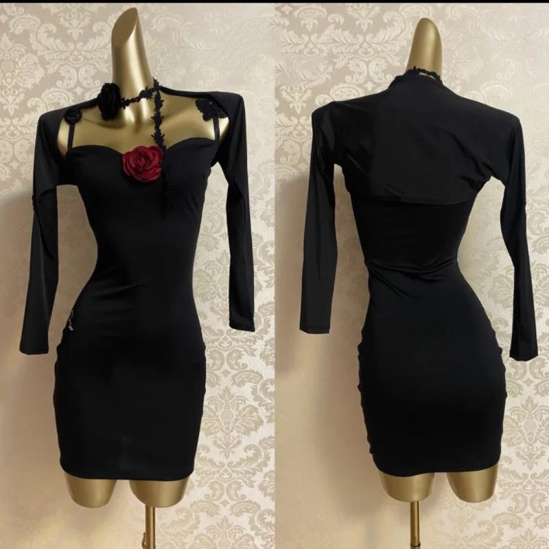 

2025 New Black Slimming Strap Dress Latin Dance Dress Costume Practice Dress Female Chacha Rumba Dance Clothes Wear DQL11519