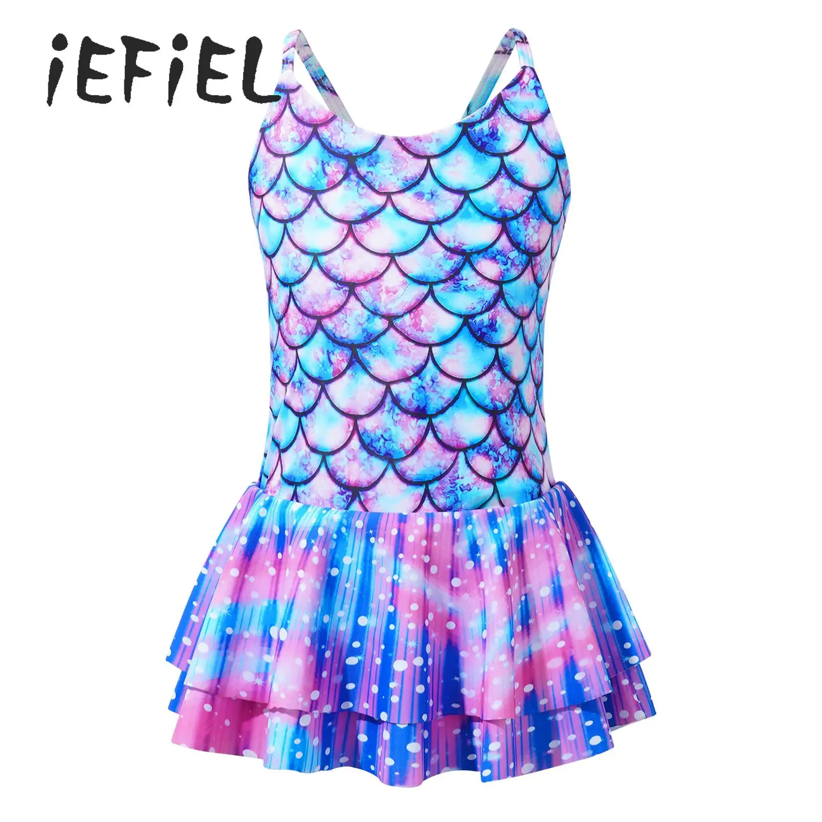 

Toddler Girls Mermaid Swim Dress Fish Scales Print One Piece Swimsuit with Ruffe Skirt Sleeveless Beach Swimwear Bathing Suit