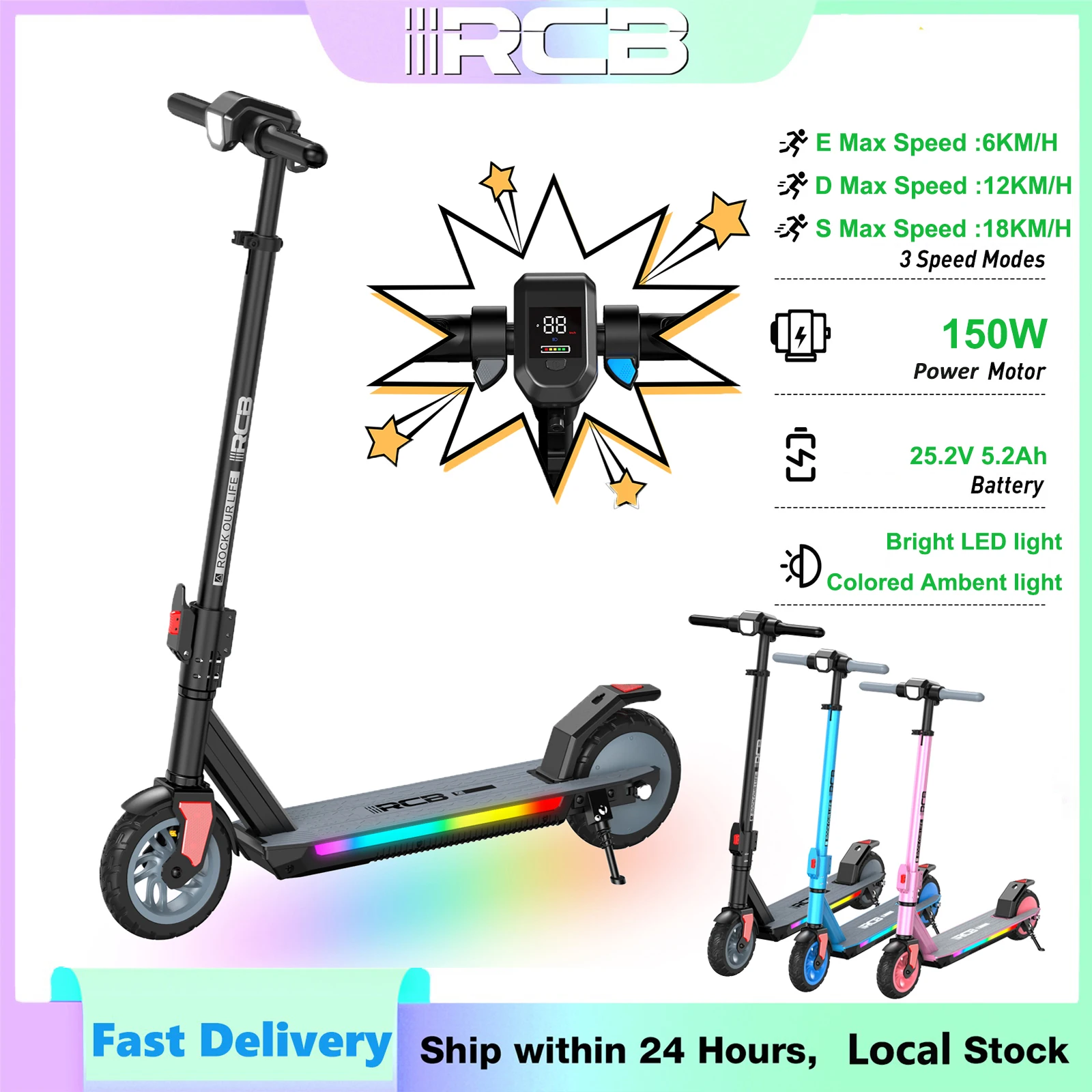 RCB Trottinette Électrique Enfant R12 Pro 150W Pliable,18km/h Autonomie 15km Écran LED Bande Lumineuse RGB pour Enfants 6-12 Ans