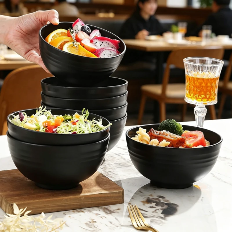 4/6/8 Set of Black Plastic Bowl Household Fruit Salad Bowl Restaurant Anti-Drop Instant Noodle Bowl