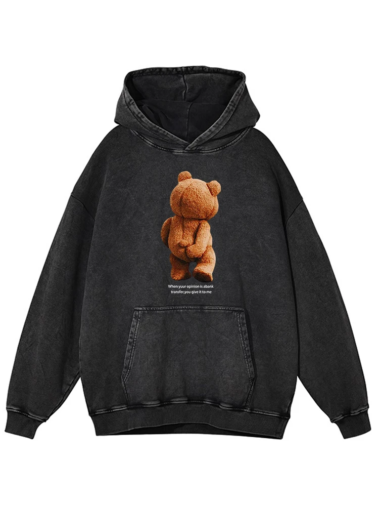 DistMurcia-Sweat à capuche en coton lavé imprimé petit ours pour femme, sweat à capuche de rue décontracté, vêtements chauds d'automne, mode