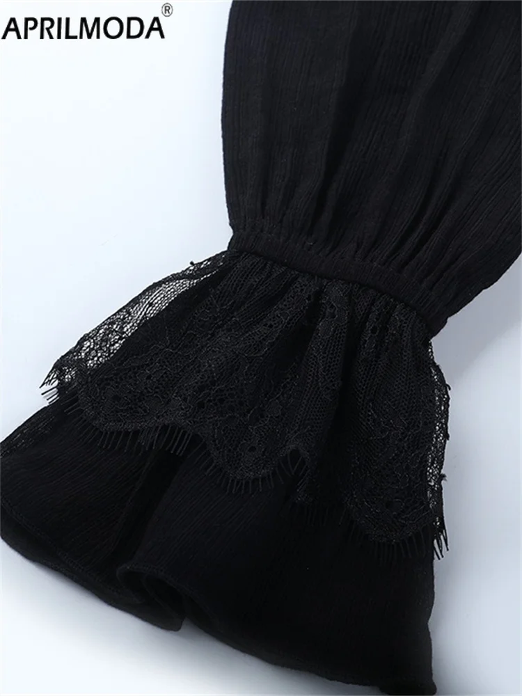 2025 Halloween Nero Pizzo Manica Lunga Donna Casual Dolce Camicetta Lolita Vintage Gotico Jacquard Elegante Office Lady Y2k Top