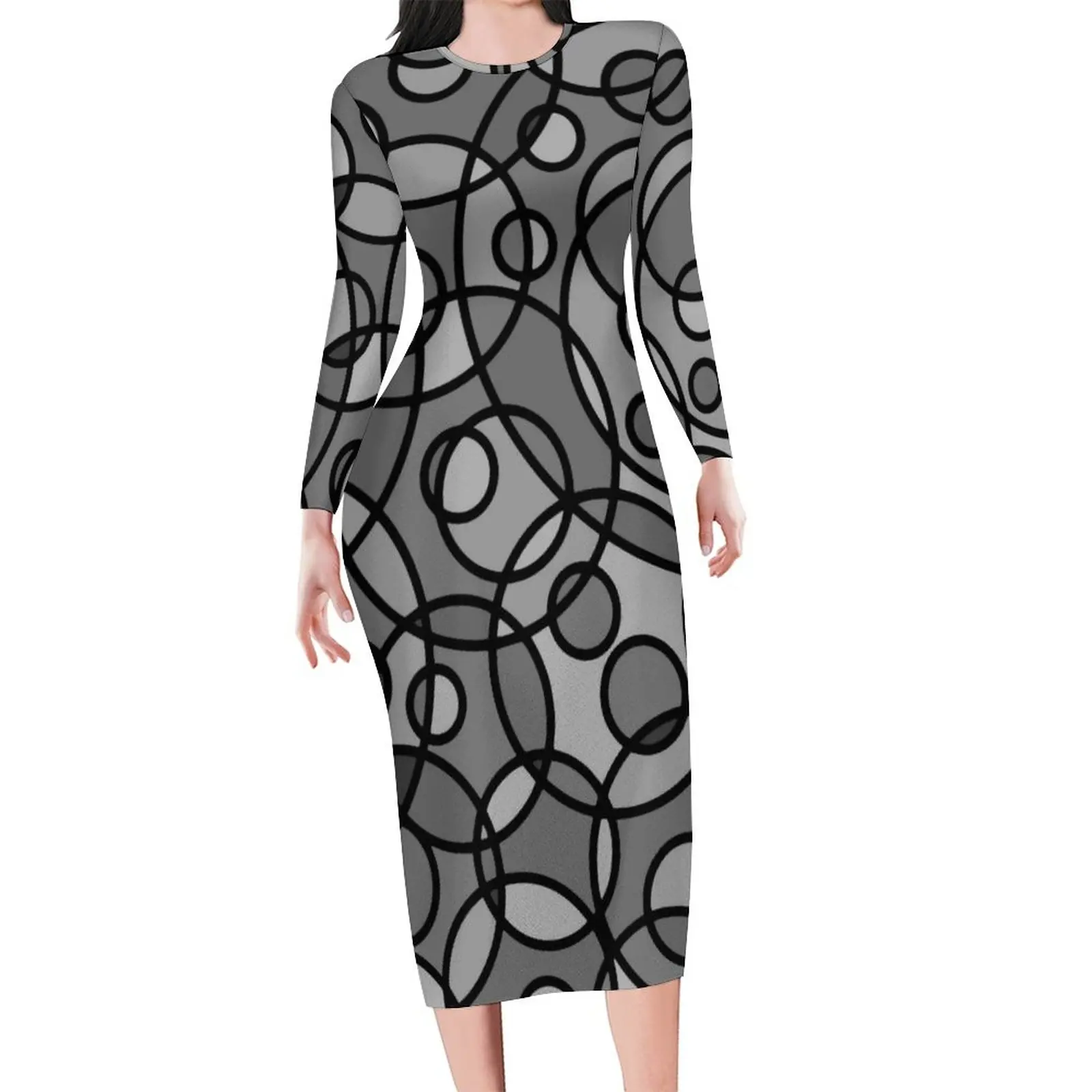 

Black Grey Geometric Dress Long Sleeve Retro Circle Print Street Style Dresses Spring Retro Bodycon Dress Lady Oversize Clothing