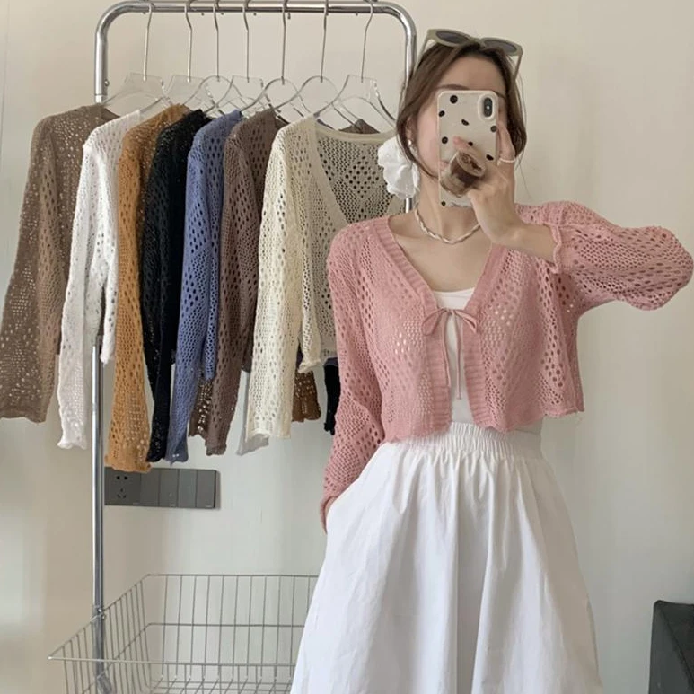 Knitted Cardigan Women Sweaters Summer Hollow Out Thin Air Conditioning Cover Shirt Casual loose Shawl Sweater lace up Crop Tops