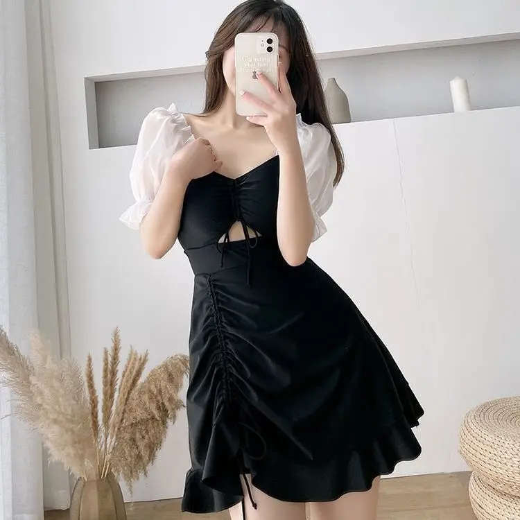 New Swimsuit Slim Body Dress Style Small Breasts Gathered Casual Solid Color Sexy Swimsuit Beach Korean Ins Style