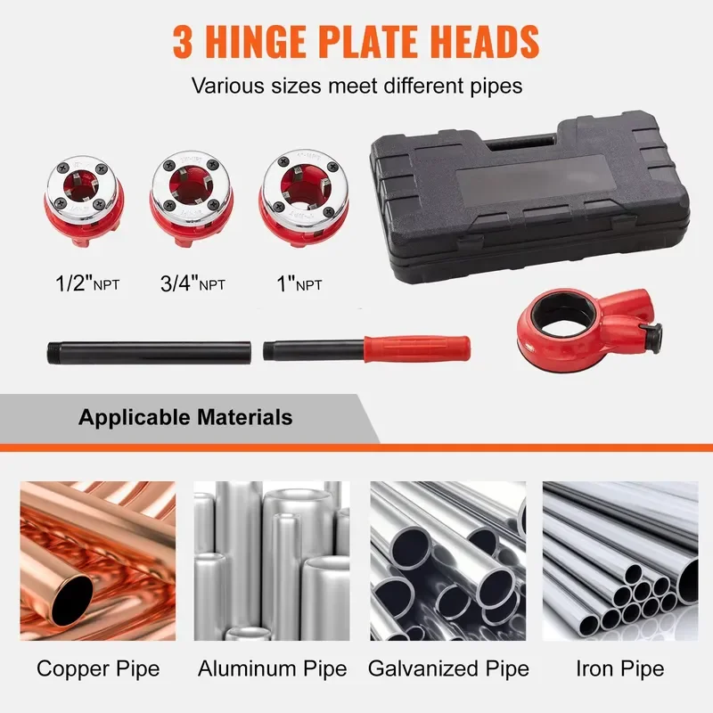 Manual Pipe Threading Machine Kit 1/2 3/4 1 Inch NPT Portable Ratchet Threader Tool Set for Plumbing Repair Work Heavy Duty
