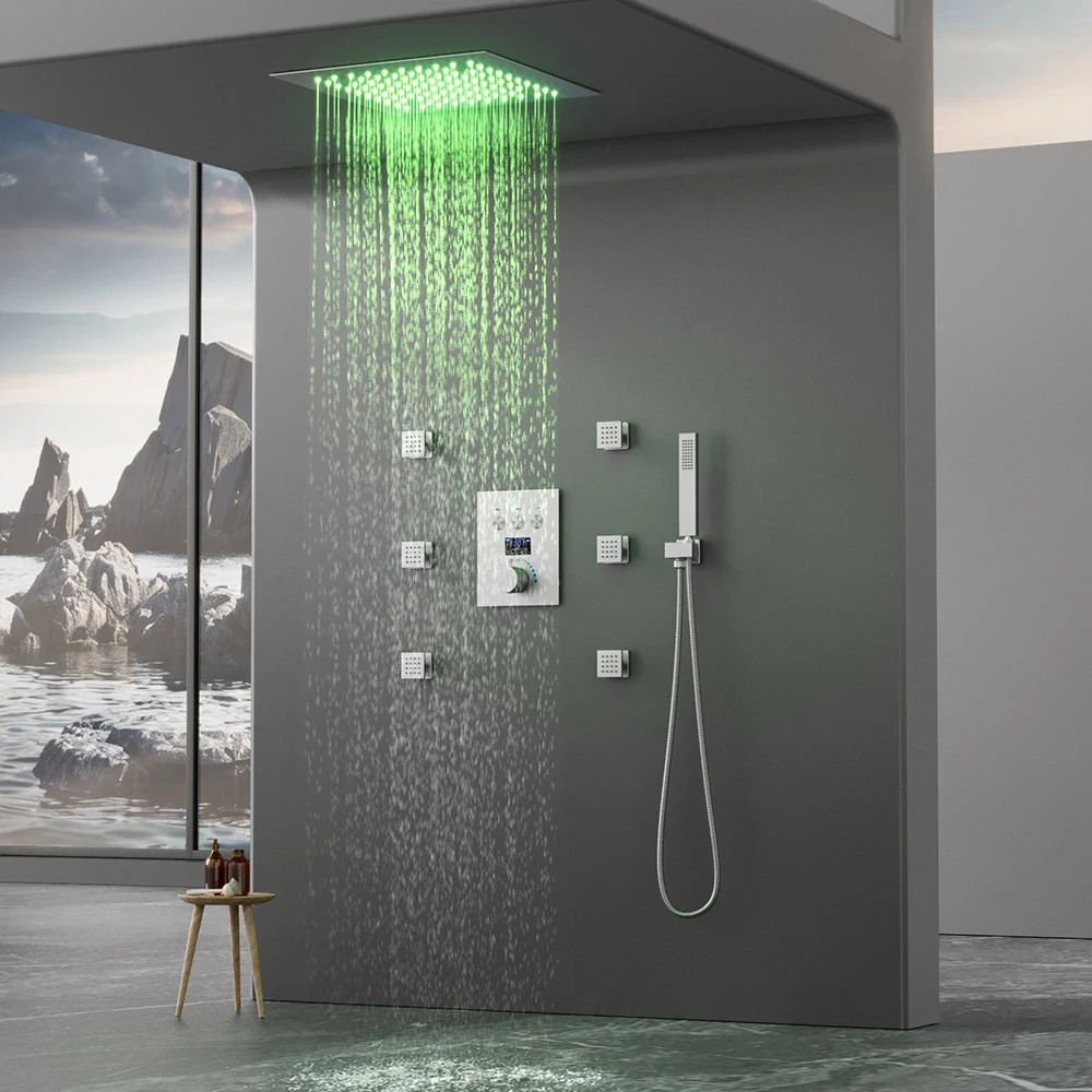 LED Recessed Ceiling Rainfall Shower Head Thermostatic Shower Set with Digital Display 3-Function Concealed Mixer & 6 Body Jets