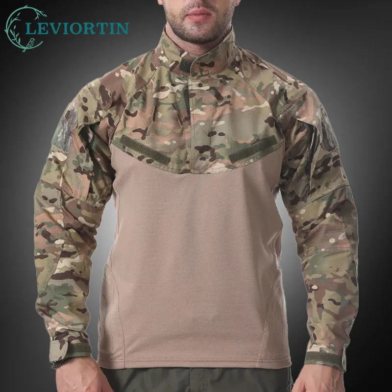 Men's Camo Stand Collar Frog Suit T-Shirt Quick Dry Tactical Training Tops Multi Pockets Outdoor Functional Hiking Hunting Shirt