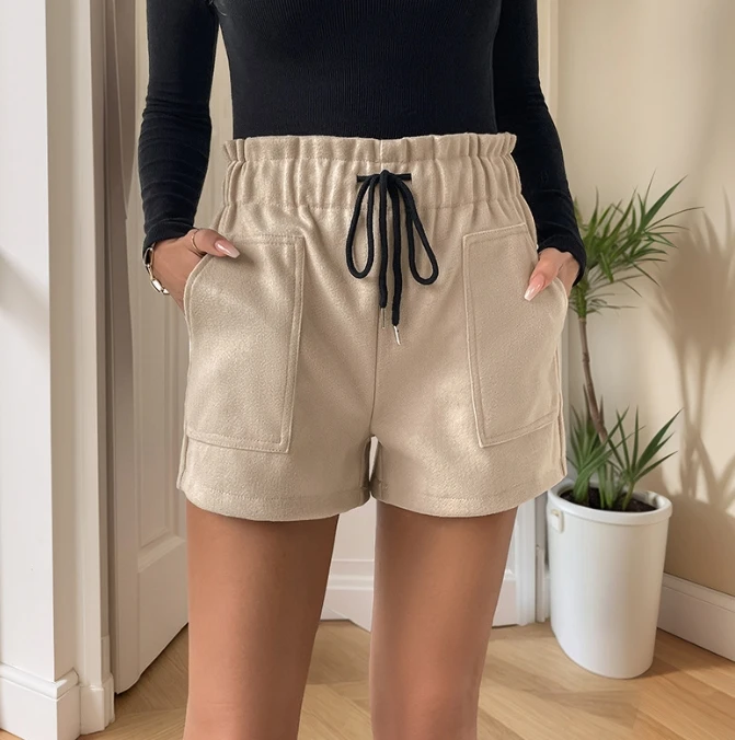 

Casual Women's Shorts High Waist Laced Up Shorts Wide Leg Autumn Thicken Warm Ladies Woolen Elastic Loose High Street Shorts