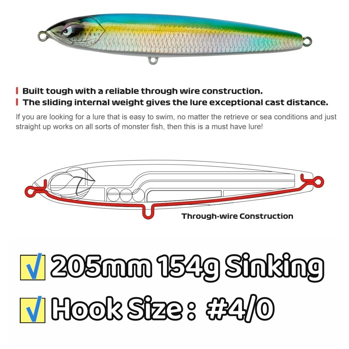 

Noeby 205mm 154g Metal Jig Fishing Metal Jigging fast sinking Jigbait Spoon Baits Jig Lure Pencil jig