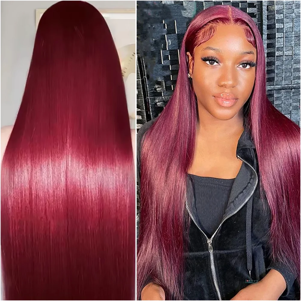 

99J Burgundy Lace Front Human Hair Wig 40 Inches 13x4 13x6 Bone Straight HD Transparent Lace Frontal Wigs For Women 200% Density