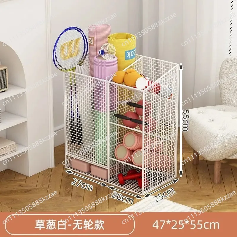 Yoga mat storage basket, household sports and fitness equipment storage rack, seam belt wheel, badminton basketball rack