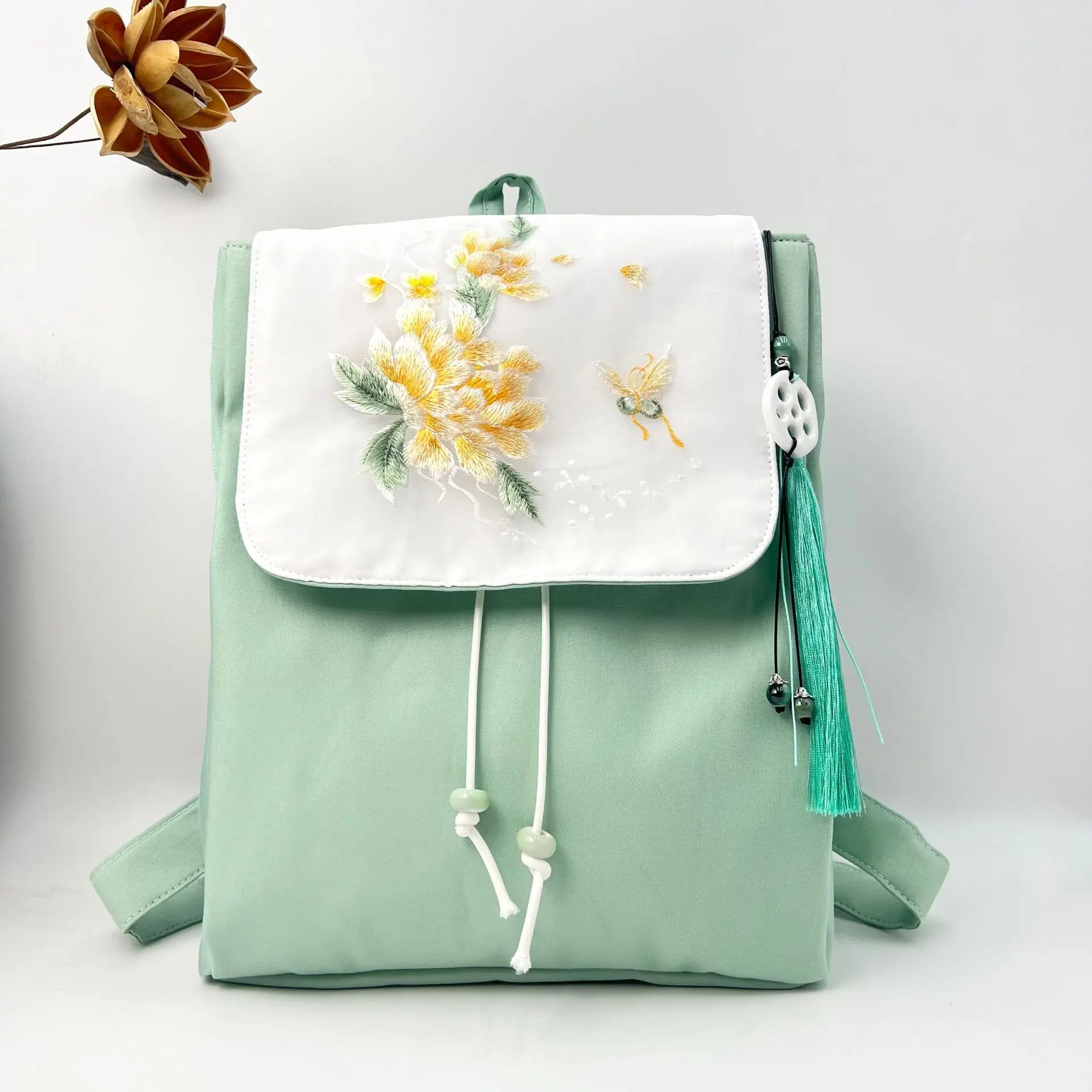 Women's Flower Embroidered Flower Tassel Backpack Chinese Style Hanfu Bagpack With Casual Pendant Girls Handbag