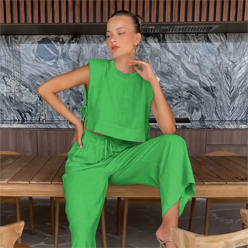 

Summer Women Holiday Cotton Linen Pant Set Sleeveles Crop Tops Solid Lace-up Outfits Two Piece Matyching Set For Women