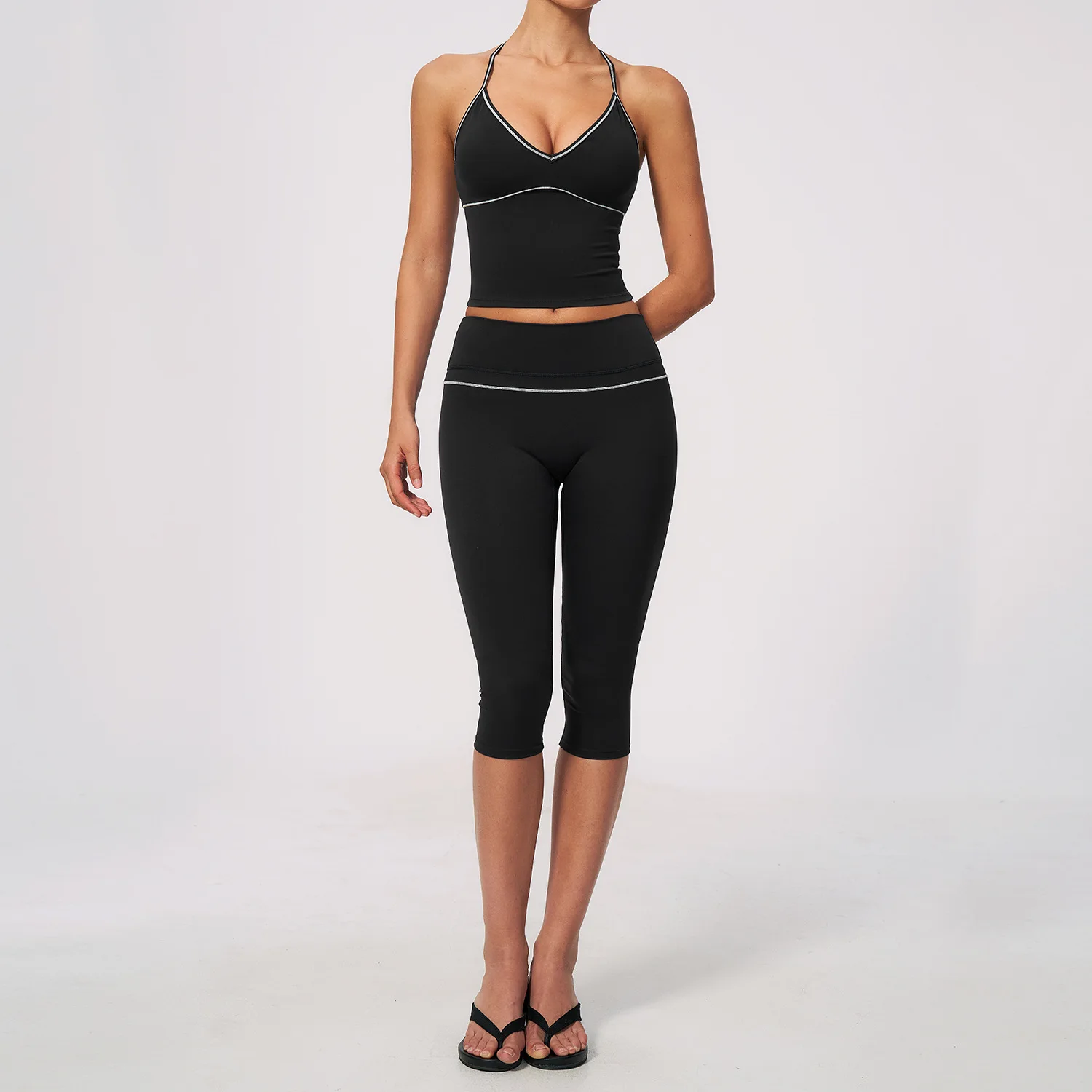 Women's Contrast Piping Spaghetti Strap Longline Crop Top and High Waist Capri Leggings Set 2-Piece Yoga Workout Outfit with Tum