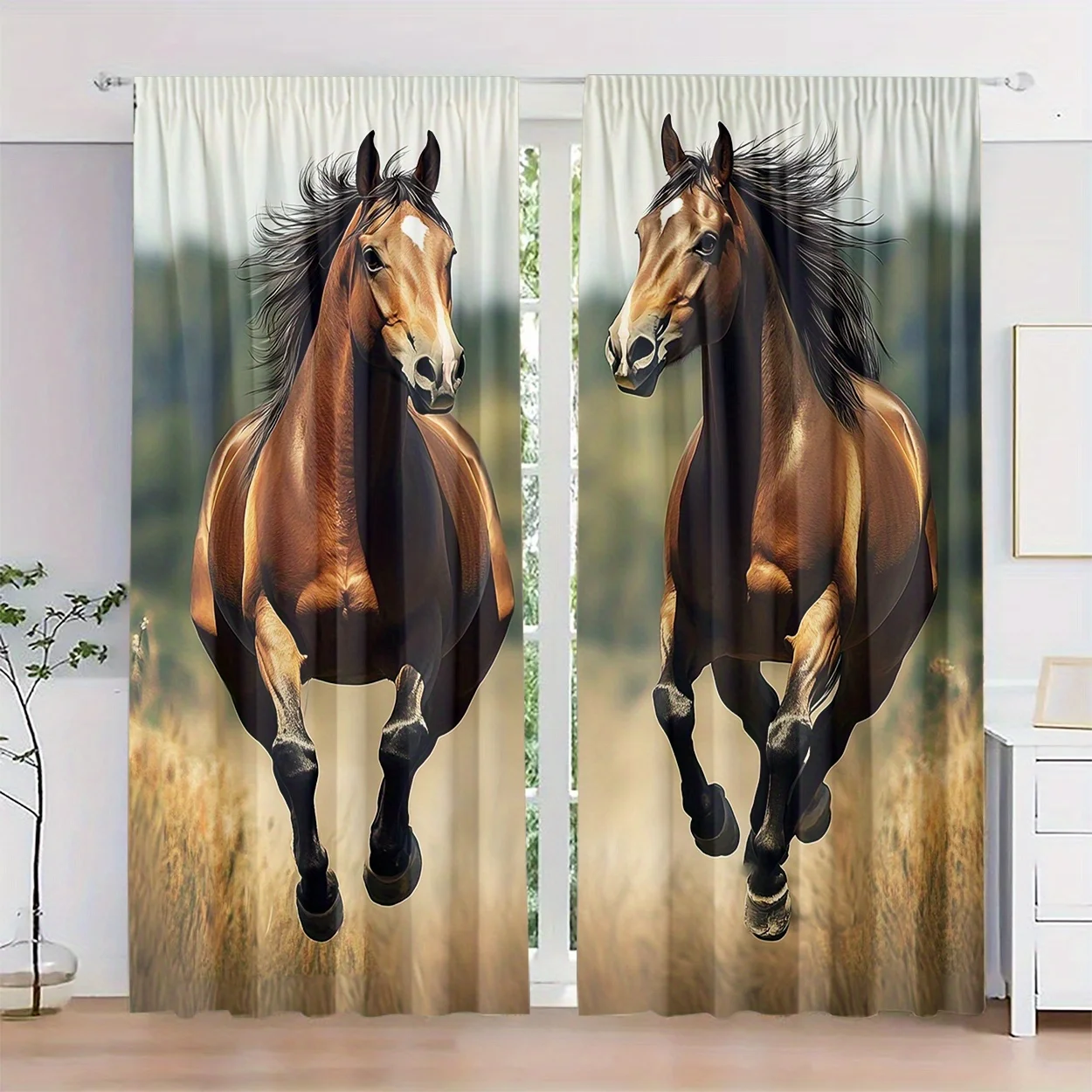 Running Horse Grassland Print Drapes Room Darkening Window Curtains for Home Decor,Rod Pocket Blackout Curtains Bedroom