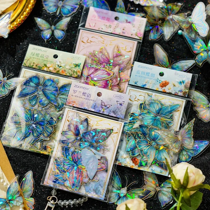 40 pcs/pack PET Laser Butterfly Sticker Pack retro DIY decorative materials craft supplies Junk Journal Supplies