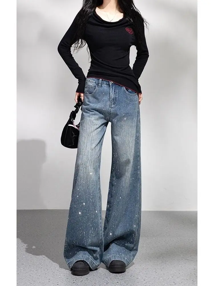 American Sle High Waist Wide Leg Jeans Women's Retro Blue Sparkling Diamond Thermal Drill Autumn Winter New Arrival Long Pants