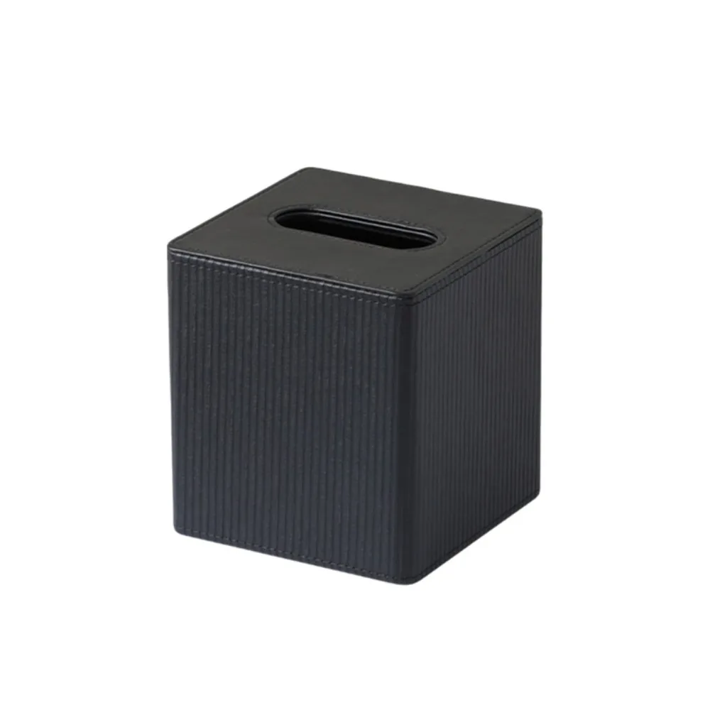 

PU Leather Square Tissue Box Magnetic Closure Roman Column Stripe Tissue Dispenser Widened Opening Short Pile Lining