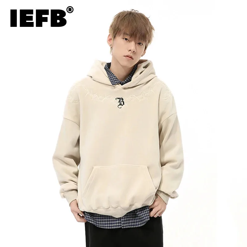 IEFB American Style Men's Hoodies Letter Embroidery Loose Hooded Plush Pullover Contrast Color Male Sweatshirts New Chic 9C7955