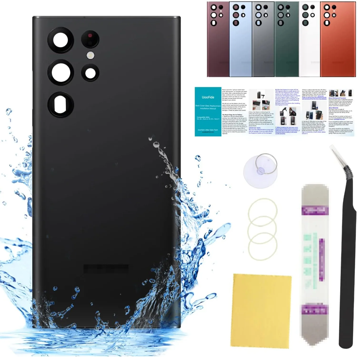 

S22 Ultra 6.8" Rear Glass Kit—Waterproof Back Cover, Camera Lens, Tools & Guide, All Carriers