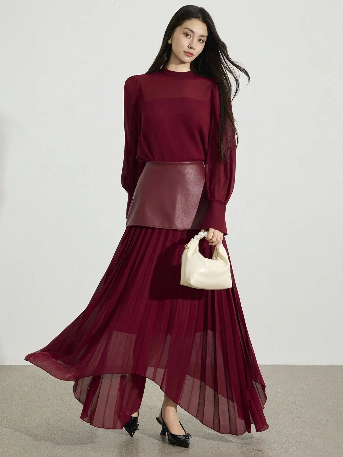 2-delig dames elegante chiffon top met lange mouwen & geplooide rok set, herfststijl