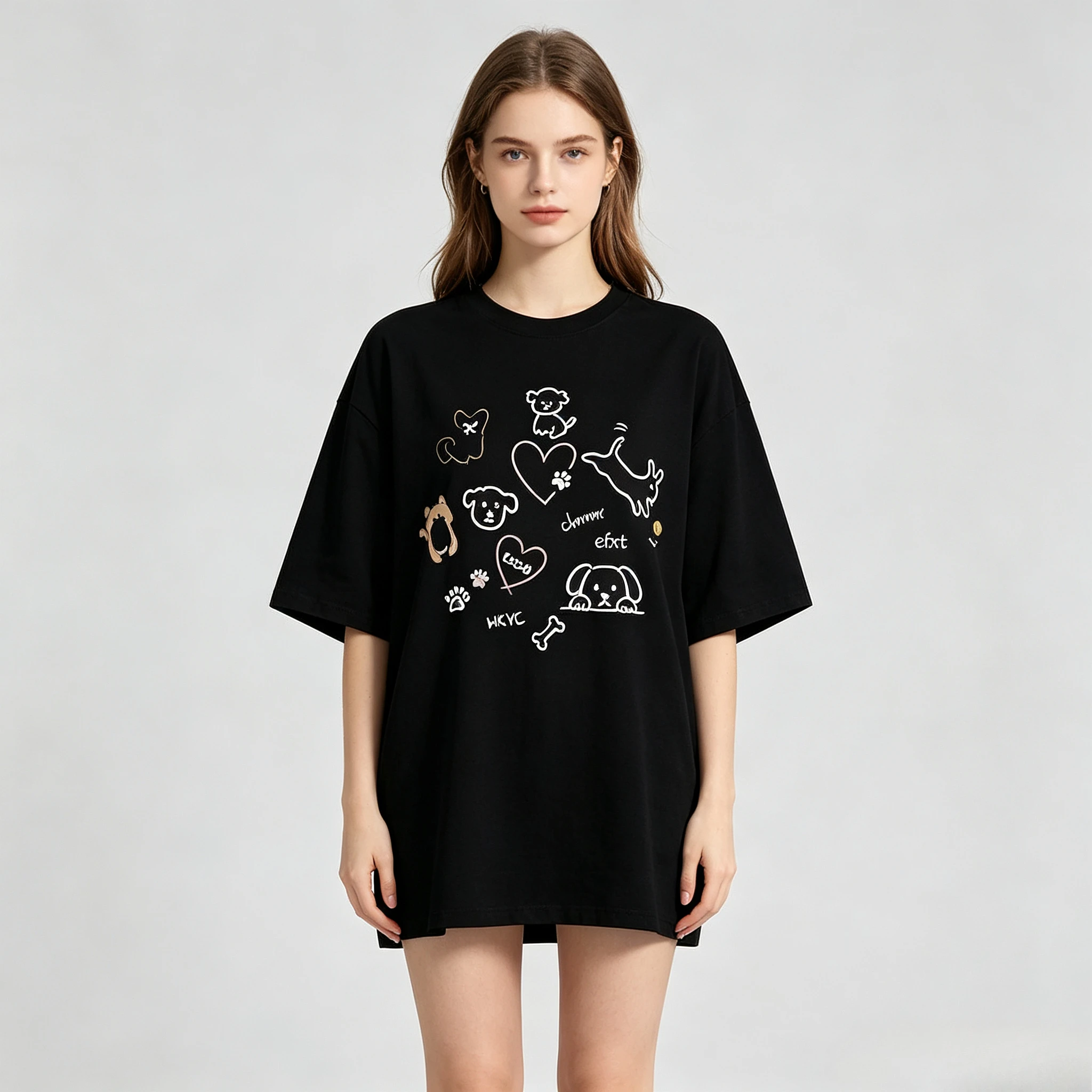 Cotton  100% Women Summer Cute Dog Graphic T‑Shirt, Doodle Puppy Paw Heart Print Casual Short Sleeve O‑Neck Ladies Daily Tees