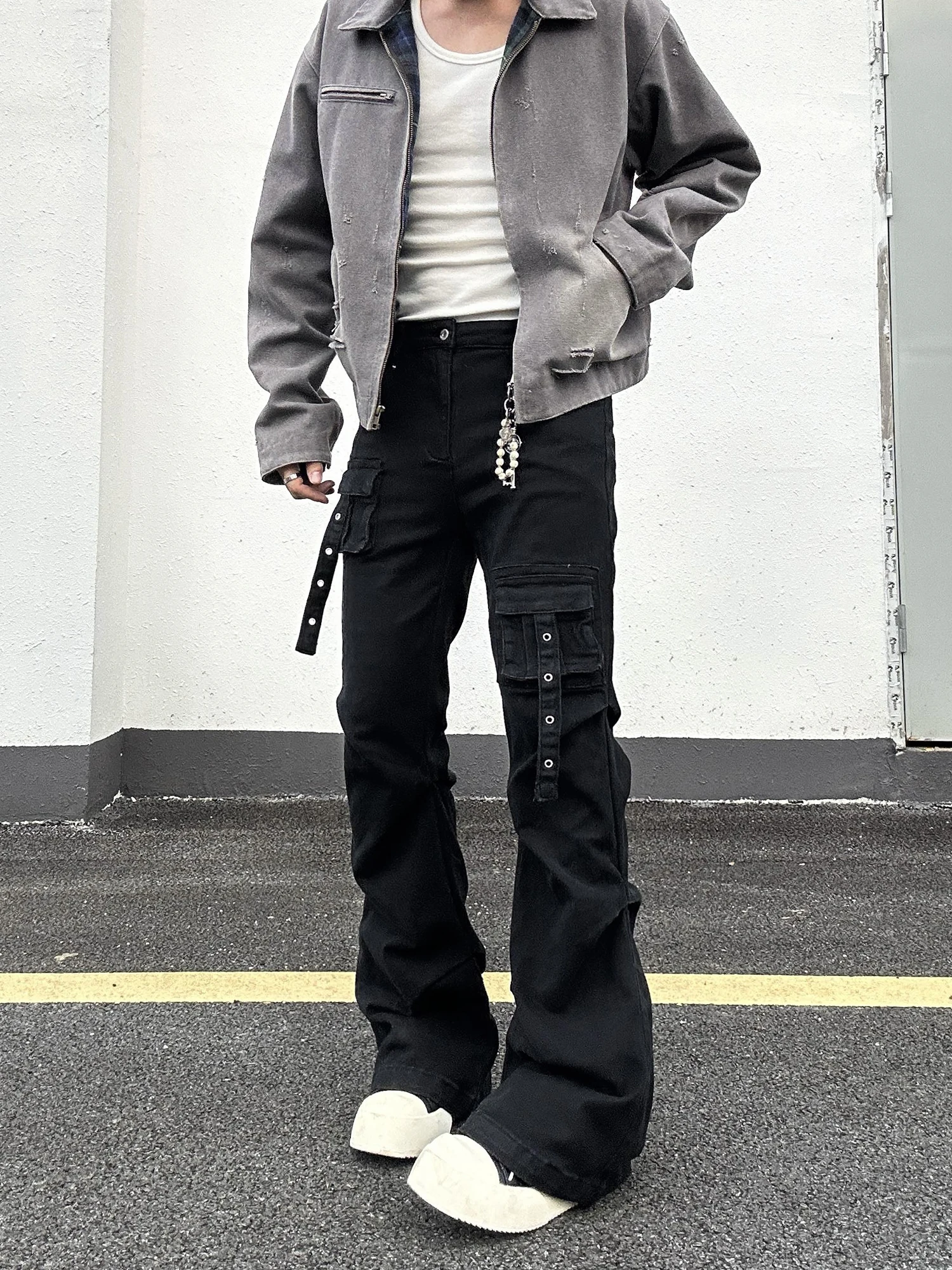 

Retro American Workwear Bell Bot Jeans Men's Slim Fit Wear Resistant Casual Trendy Cotton mid Low Waist Zipper Fly