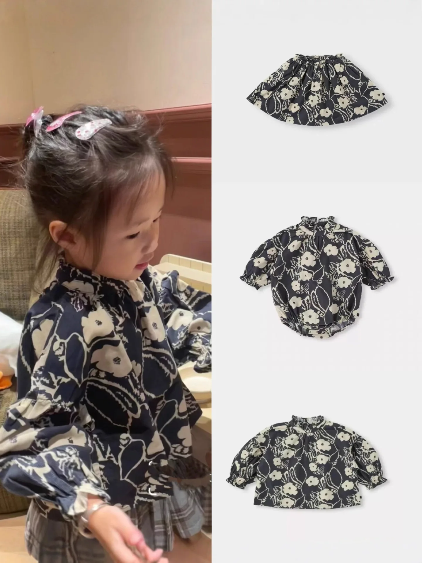 Children Sets BENE's A/W2025 New Girls' Cotton Retro Printed Long-sleeved Dress Kid Printed Jumpsuit Boys' Trousers Baby Romper