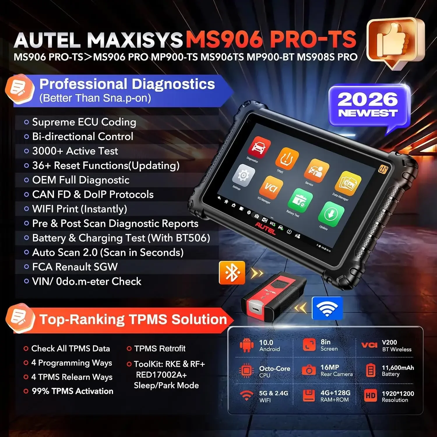 Autel MaxiSYS MS906 PRO-TS Scanner, Full TPMS, Top ECU C0ding & 3000+ Test | 2026 Same As MS906 PRO2-TS MK906S PRO2-TS Up of MP900TS MS906MAX MS906PRO, 36+ Service, Bidirectional, CAN FD&DoIP, FCA OS 10