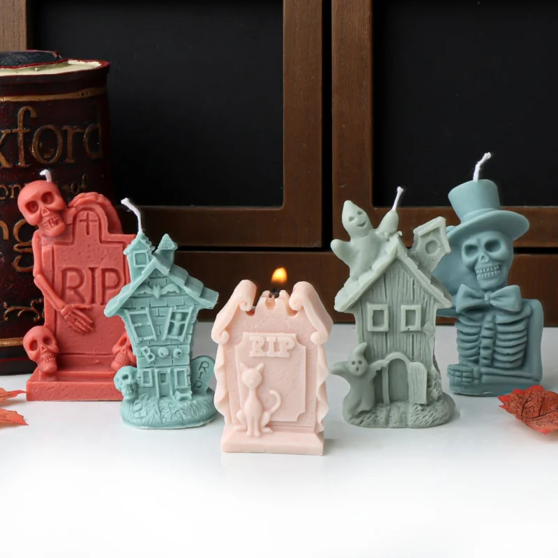 Halloween Haus mit zwei Geister Silikon Kerze Form DIY Grabstein Schädel Gips Form Haus mit Katze Seife Form Geschenk Home Decor