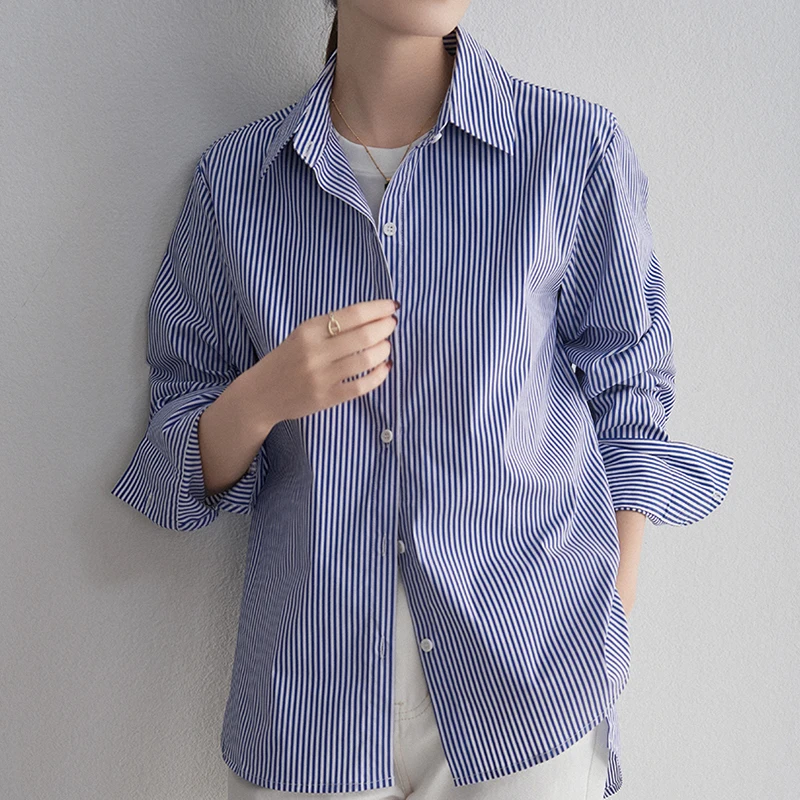 Blue Striped Women Shirts Korean Retro Cotton Loose Long Sleeve Female Casual Blouse Autumn New Office All Match Ladies Top