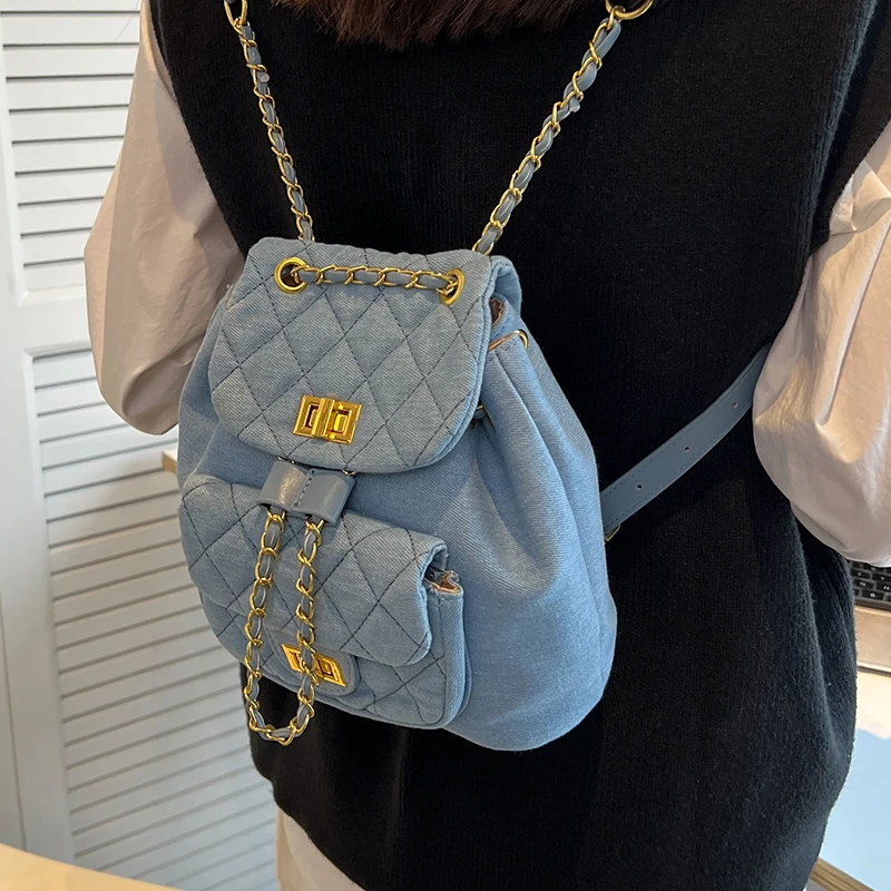 New Fashion Retro Denim Canvas Chain Backpack Women\'s Mini Diamond Solid Color Fashion Versatile Small Backpack for Girl