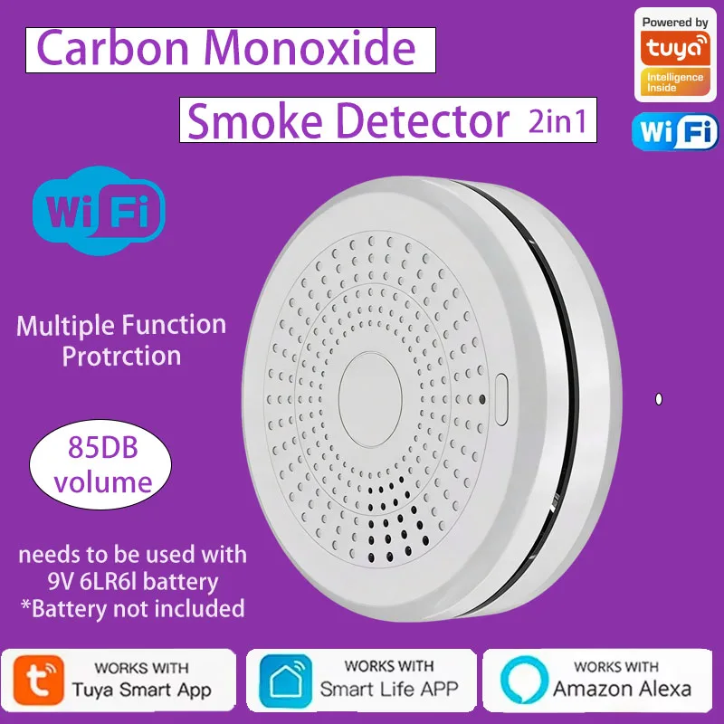 Tuya WiFi 2 in 1 CO & Smoke Detector Smart Life APP Control 85DB Sound Light Alarm Home Security